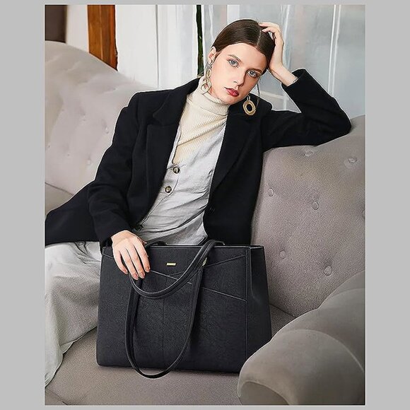 Laptop Bag for Women 15.6 Inch Tote Bags Waterproof Leather Vintage Black - Picture 2 of 8